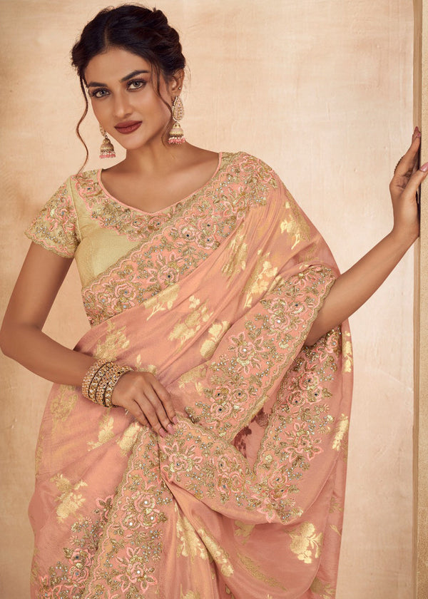 Salmon Pink Heavy Embroidered Designer Silk Saree
