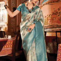 Mineral Blue Banarasi Silk Saree With Digital Print