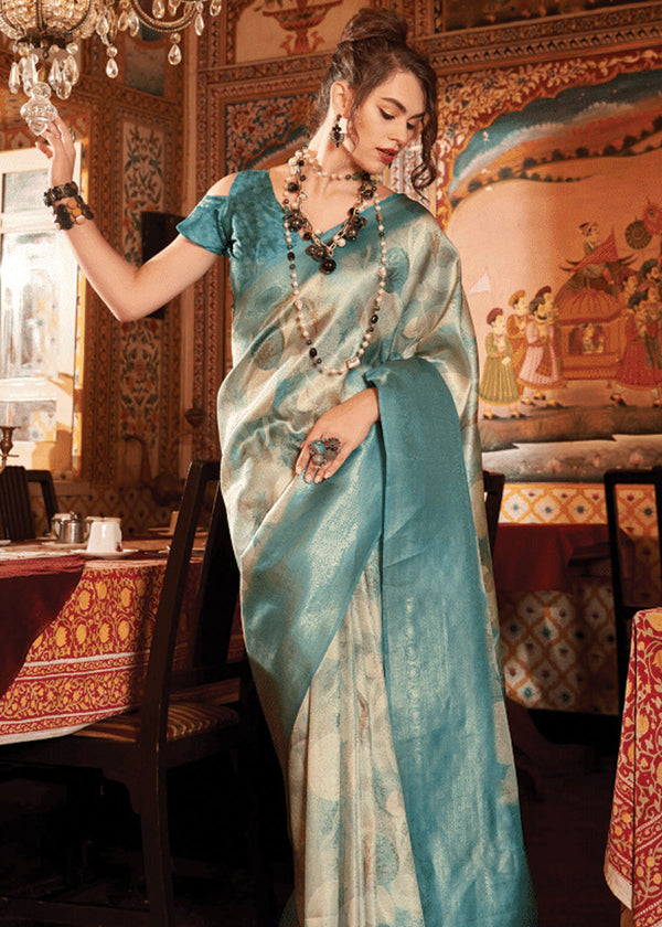 Mineral Blue Banarasi Silk Saree With Digital Print