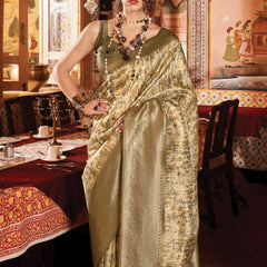 Antique Golden Green Banarasi Silk Saree With Digital Print