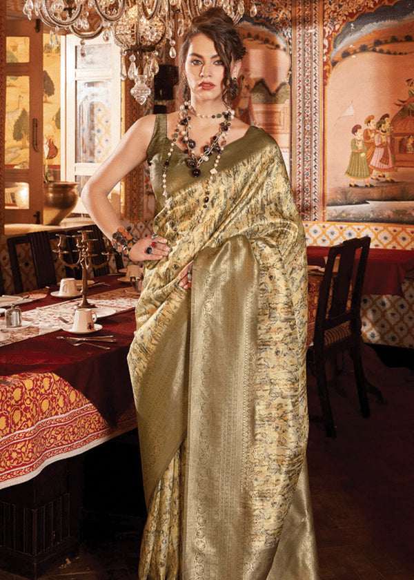 Antique Golden Green Banarasi Silk Saree With Digital Print