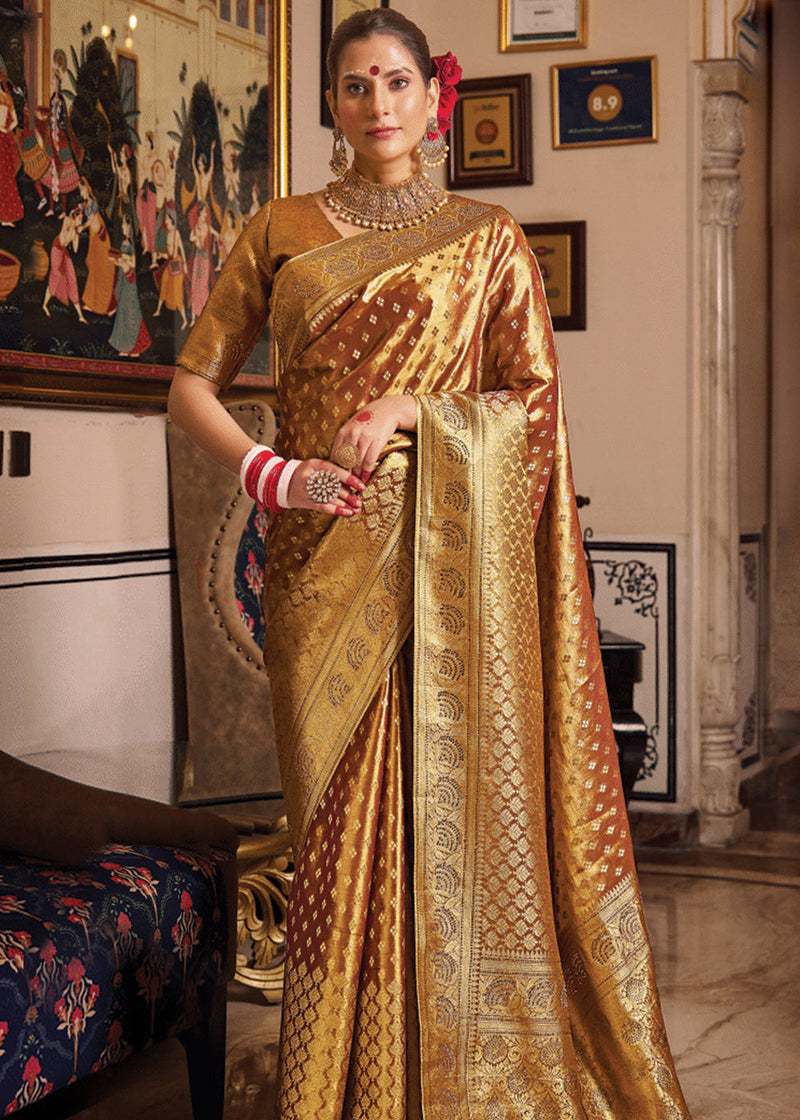 Copper Brown Woven Banarasi Brocade Tissue Silk Saree