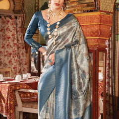 Midnight Blue Banarasi Silk Saree With Digital Print
