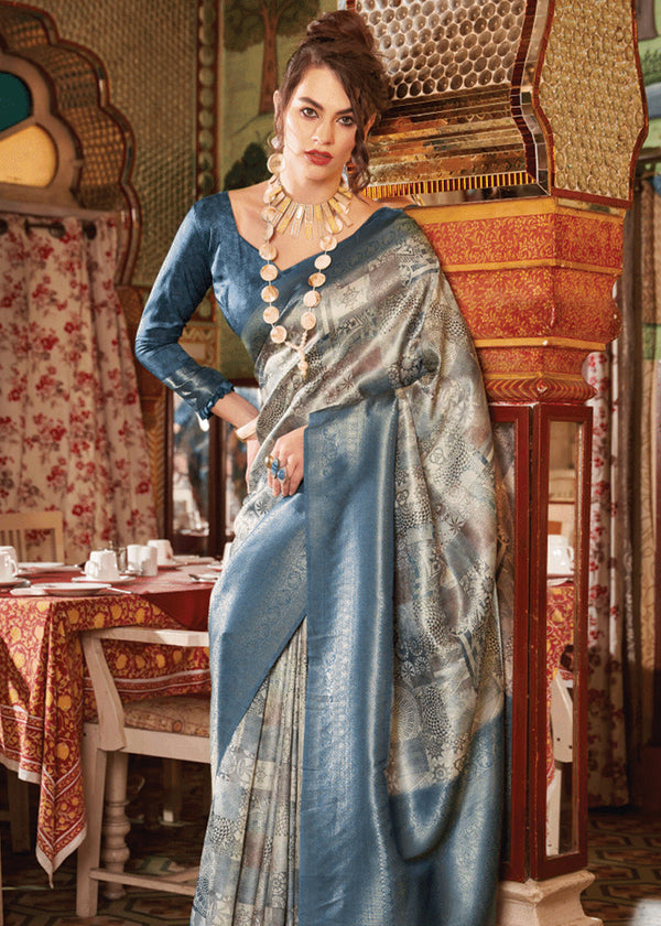 Midnight Blue Banarasi Silk Saree With Digital Print