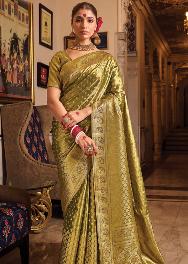 Mehndi Green Woven Banarasi Brocade Tissue Silk Saree