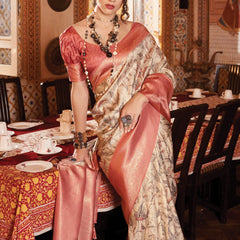 Sand Beige Banarasi Silk Saree With Digital Print