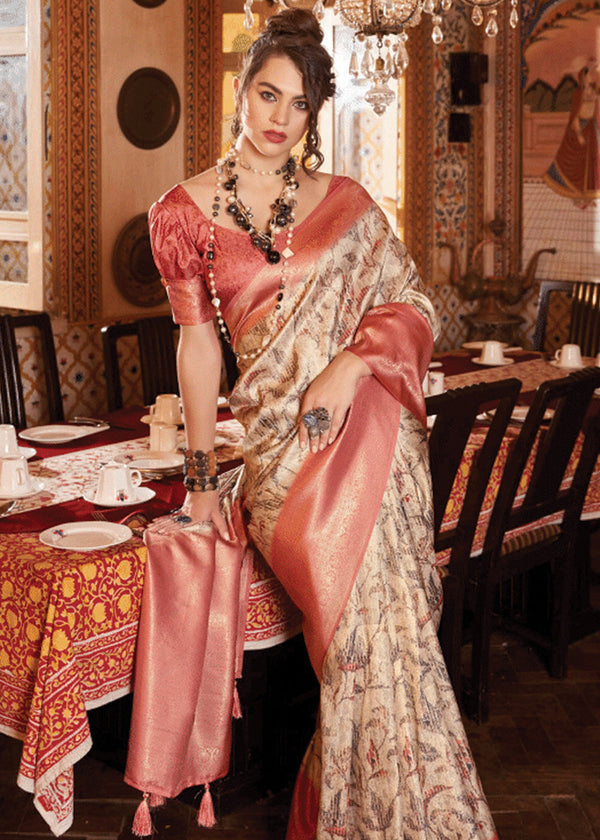 Sand Beige Banarasi Silk Saree With Digital Print