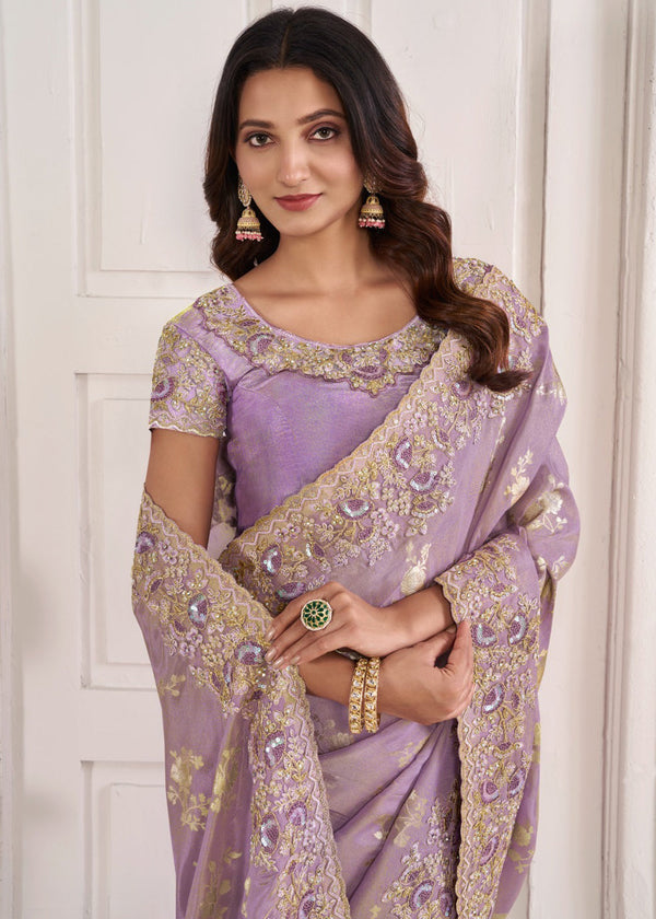Soft Purple Heavy Embroidered Designer Silk Saree