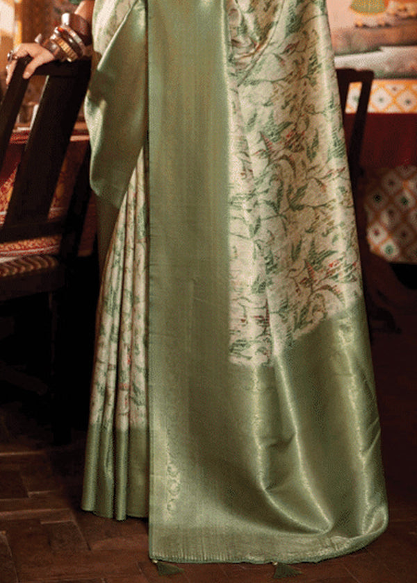 Olive Green Banarasi Silk Saree With Digital Print