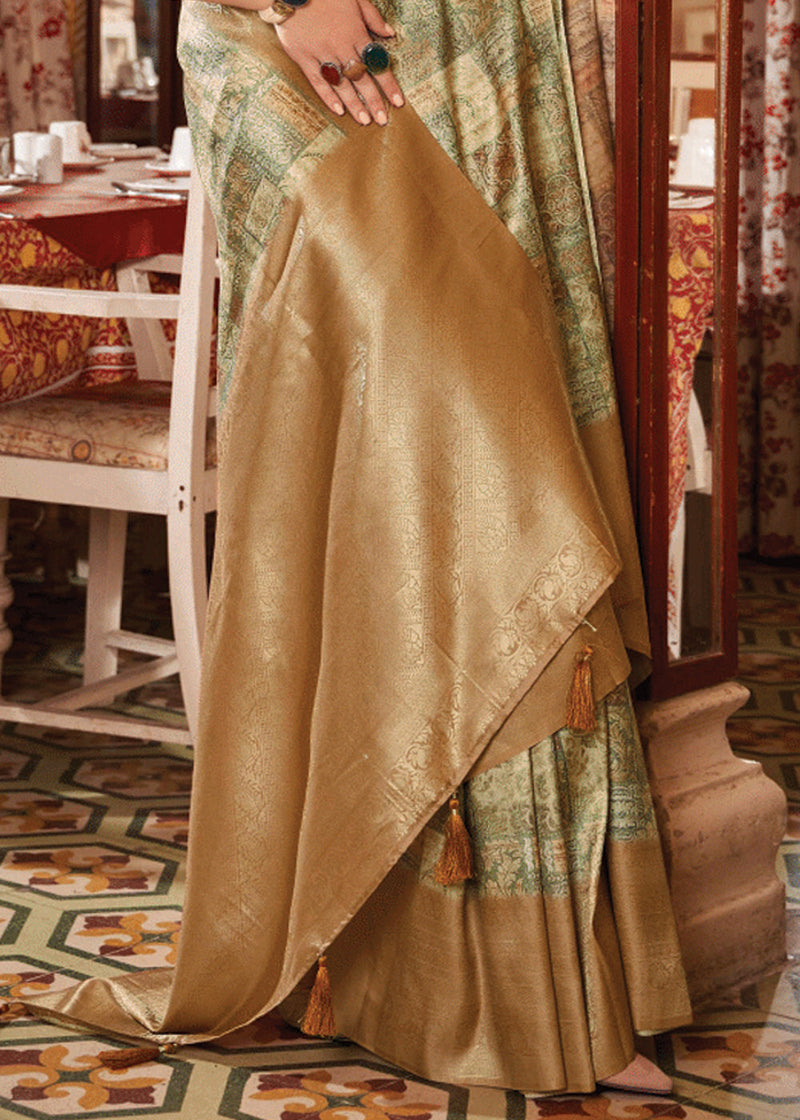 Wood Brown Banarasi Silk Saree With Digital Print