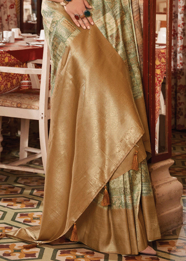 Wood Brown Banarasi Silk Saree With Digital Print