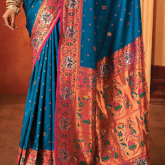 Coral Blue Woven Paithani Silk Saree
