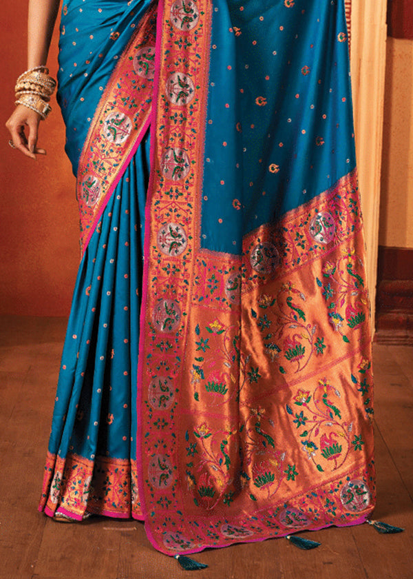 Coral Blue Woven Paithani Silk Saree
