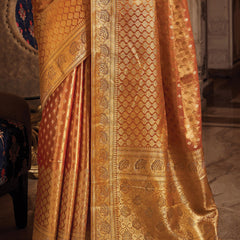 Sunset Orange Woven Banarasi Brocade Tissue Silk Saree