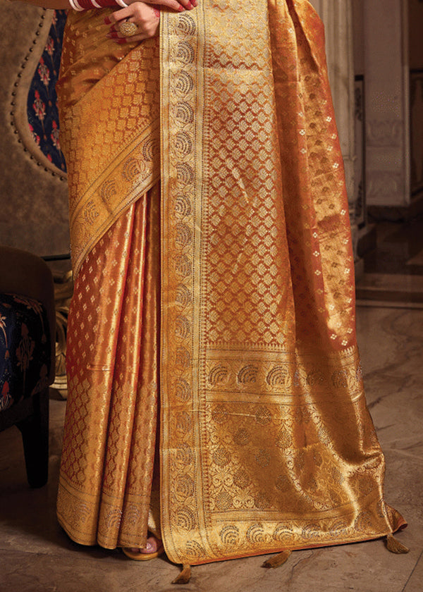 Sunset Orange Woven Banarasi Brocade Tissue Silk Saree