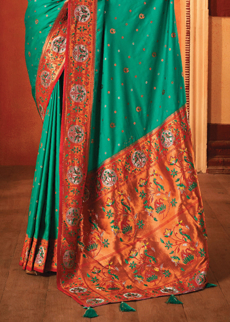 Antique Green Woven Paithani Silk Saree