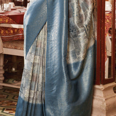 Midnight Blue Banarasi Silk Saree With Digital Print