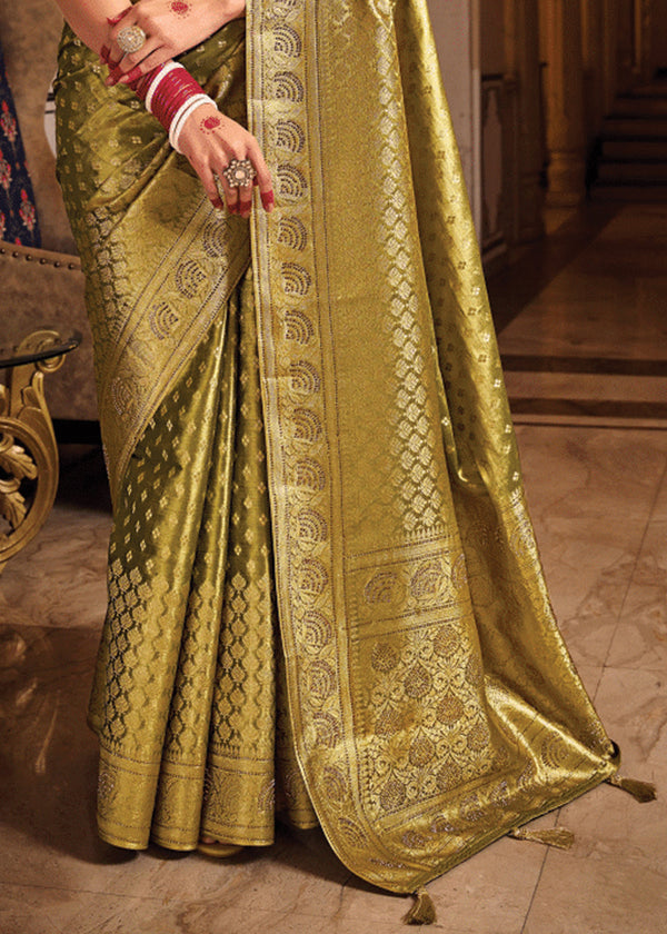 Mehndi Green Woven Banarasi Brocade Tissue Silk Saree