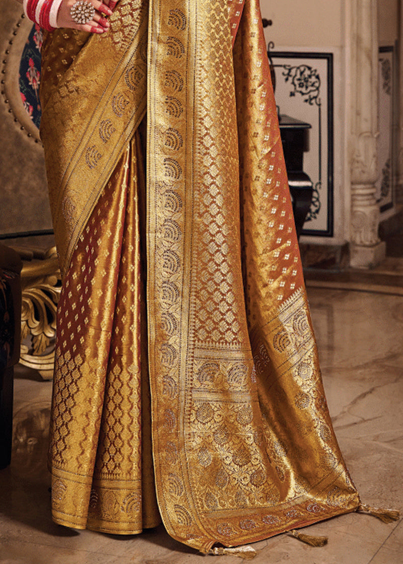 Copper Brown Woven Banarasi Brocade Tissue Silk Saree