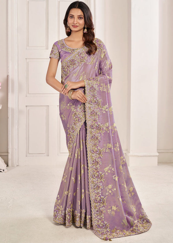Soft Purple Heavy Embroidered Designer Silk Saree