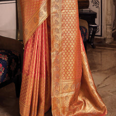 Orange Peach Woven Banarasi Brocade Tissue Silk Saree