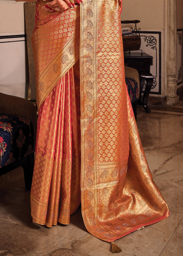 Orange Peach Woven Banarasi Brocade Tissue Silk Saree