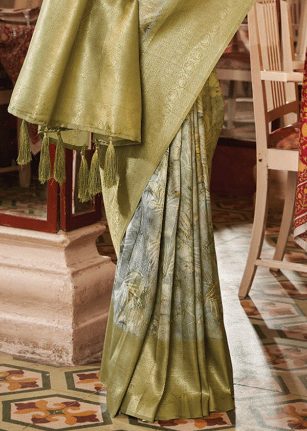 Moss Green Banarasi Silk Saree With Digital Print