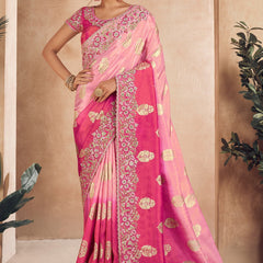 Dual Shaded Pink Heavy Embroidered Designer Silk Saree