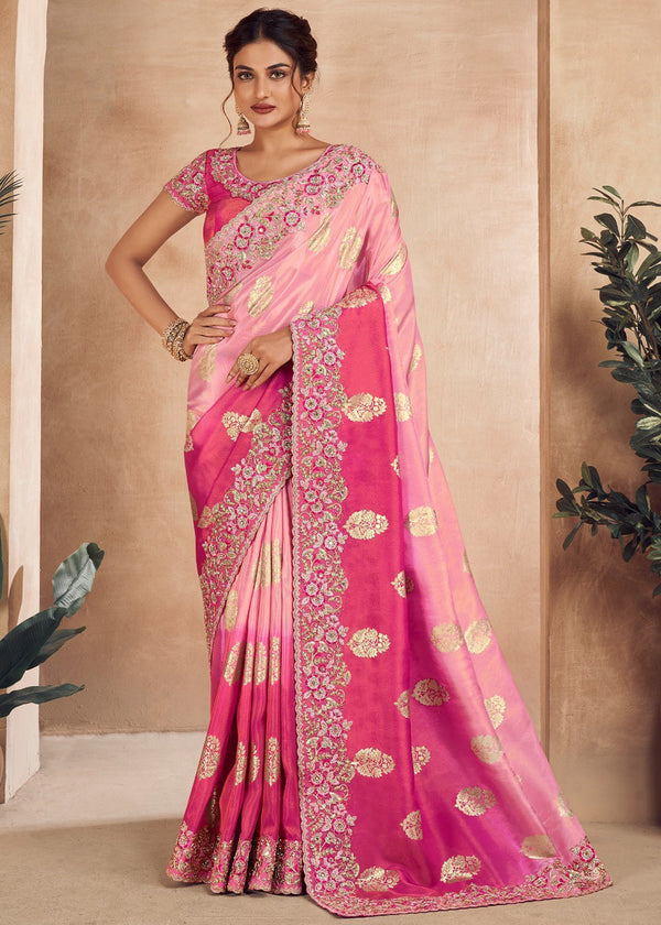 Dual Shaded Pink Heavy Embroidered Designer Silk Saree