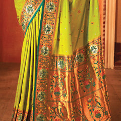 Lime Green  Woven Paithani Silk Saree