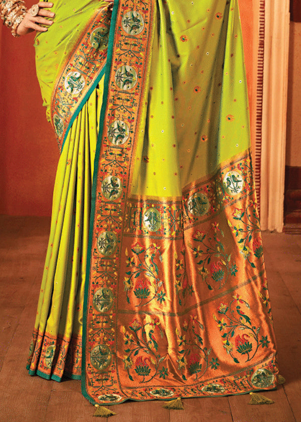 Lime Green  Woven Paithani Silk Saree