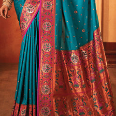 Teal Blue Woven Paithani Silk Saree