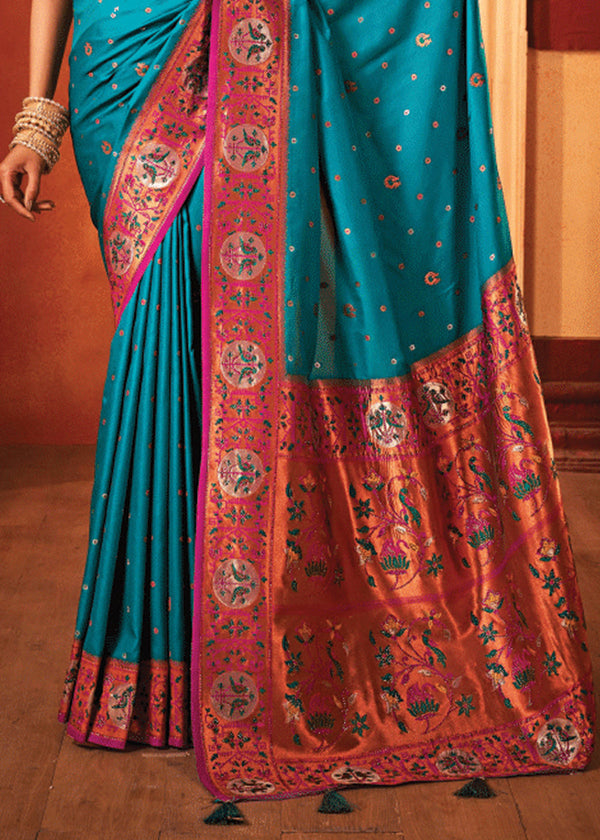 Teal Blue Woven Paithani Silk Saree