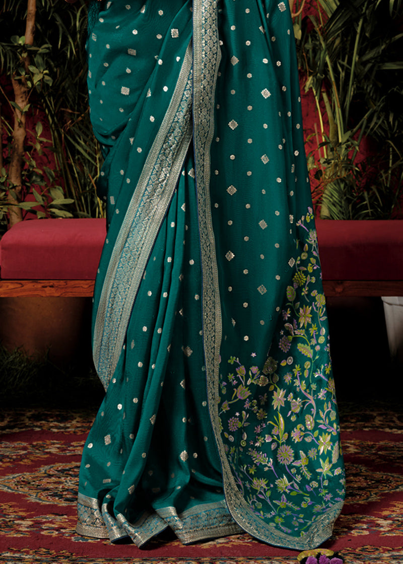 Antique Green Woven Banarasi Silk Saree With Brocade Blouse