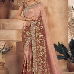 Coffee Brown Heavy Embroidered Designer Silk Saree