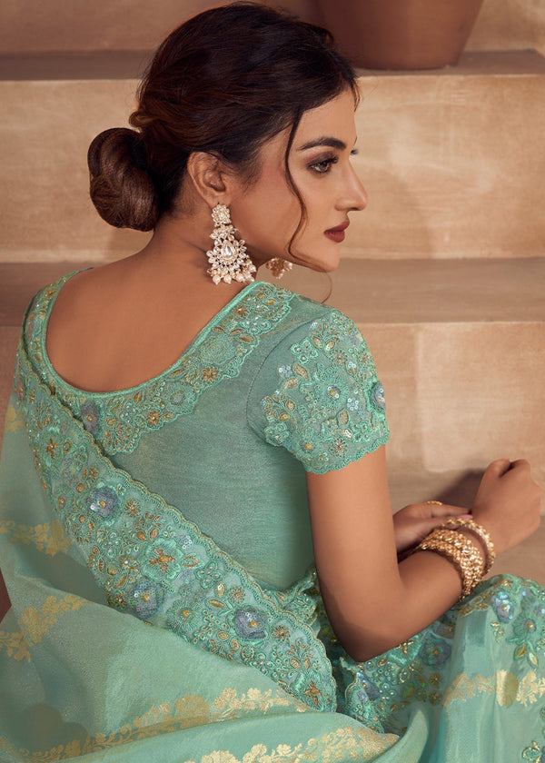 Tea Green Heavy Embroidered Designer Silk Saree