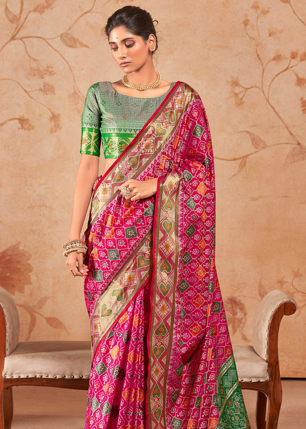 Magenta Pink Woven Patola Soft Silk Saree