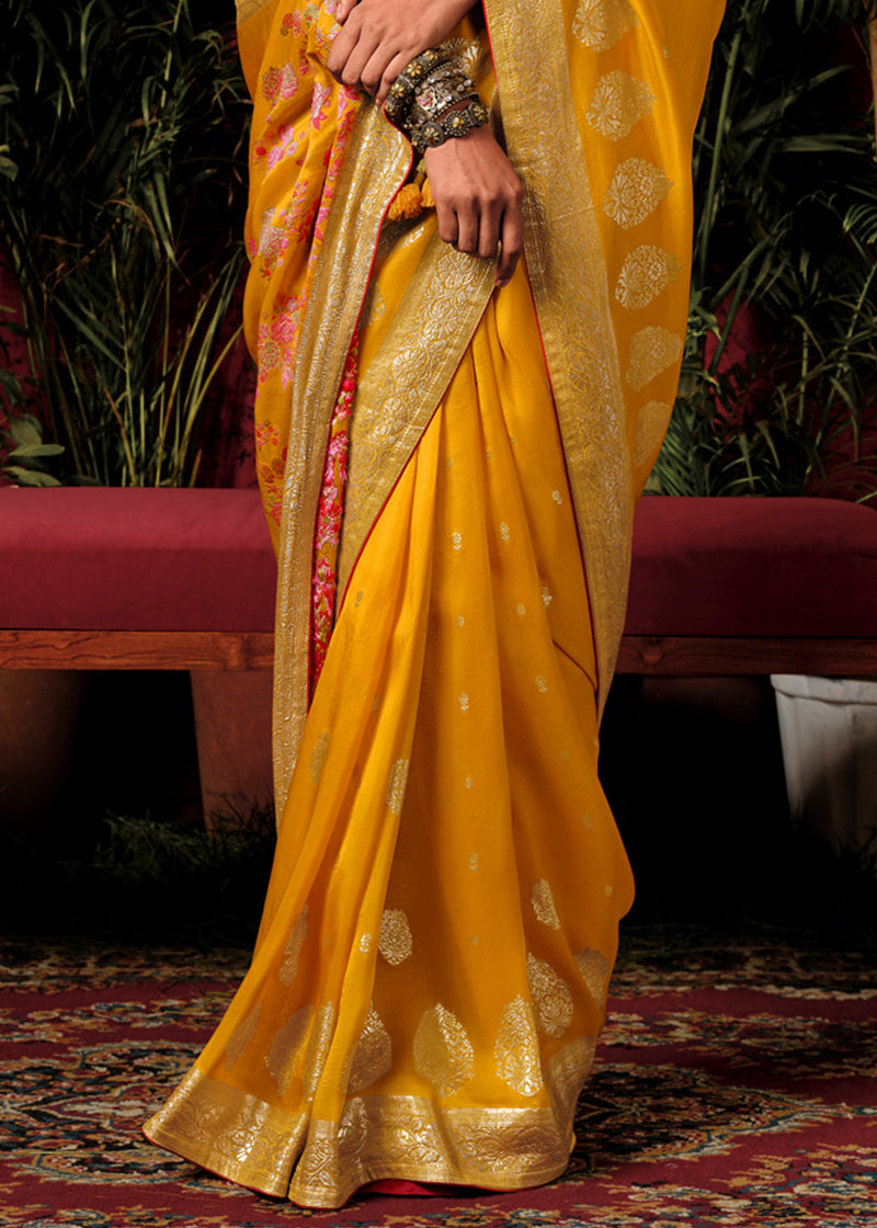 Saffron Yellow Woven Banarasi Silk Saree With Brocade Blouse