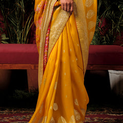 Saffron Yellow Woven Banarasi Silk Saree With Brocade Blouse