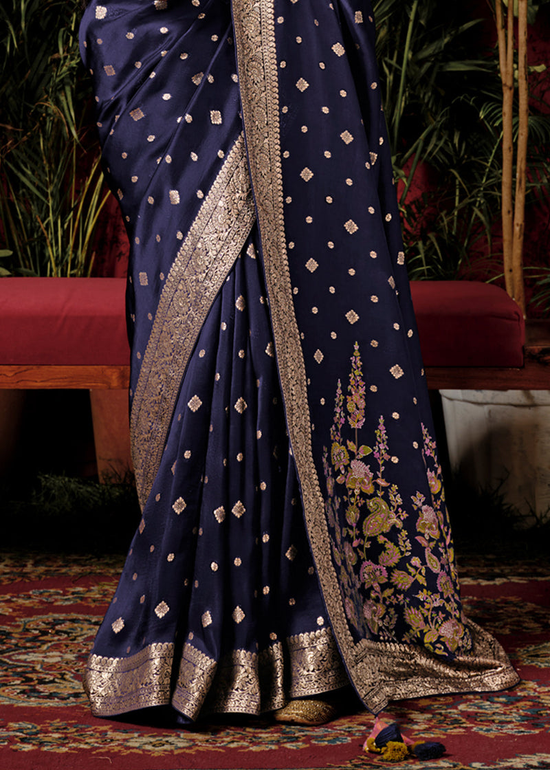 Twilight Blue Woven Banarasi Silk Saree With Brocade Blouse