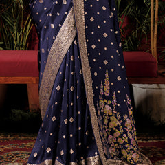 Twilight Blue Woven Banarasi Silk Saree With Brocade Blouse