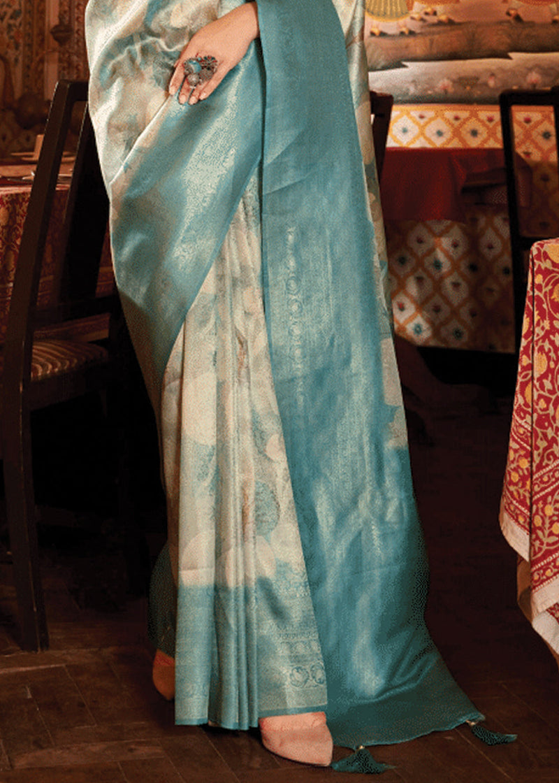 Mineral Blue Banarasi Silk Saree With Digital Print