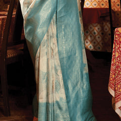 Mineral Blue Banarasi Silk Saree With Digital Print