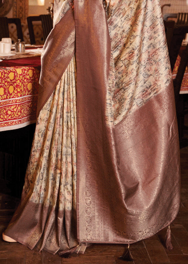 Coffee Brown Banarasi Silk Saree With Digital Print