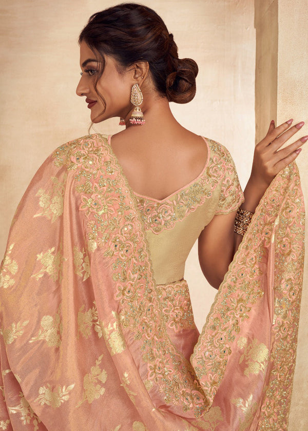 Salmon Pink Heavy Embroidered Designer Silk Saree