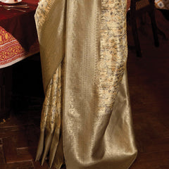 Antique Golden Green Banarasi Silk Saree With Digital Print