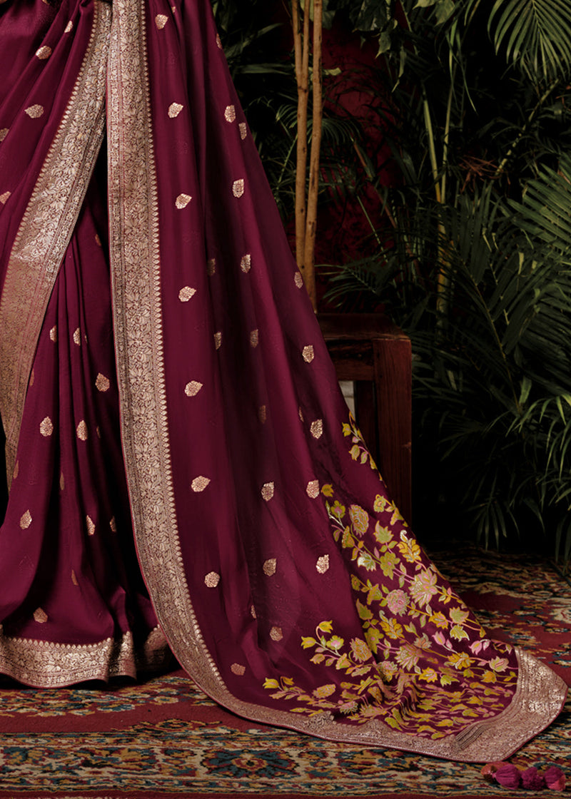 Wine Maroon Woven Banarasi Silk Saree With Brocade Blouse