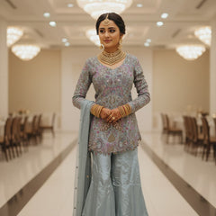 Mint green color Pamplum divider dress Multi meenakari work  Simar silk fabric