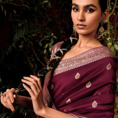 Wine Maroon Woven Banarasi Silk Saree With Brocade Blouse
