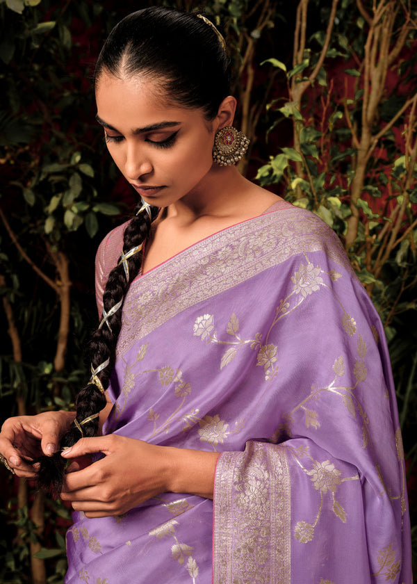 Pastel Purple Woven Banarasi Silk Saree With Brocade Blouse